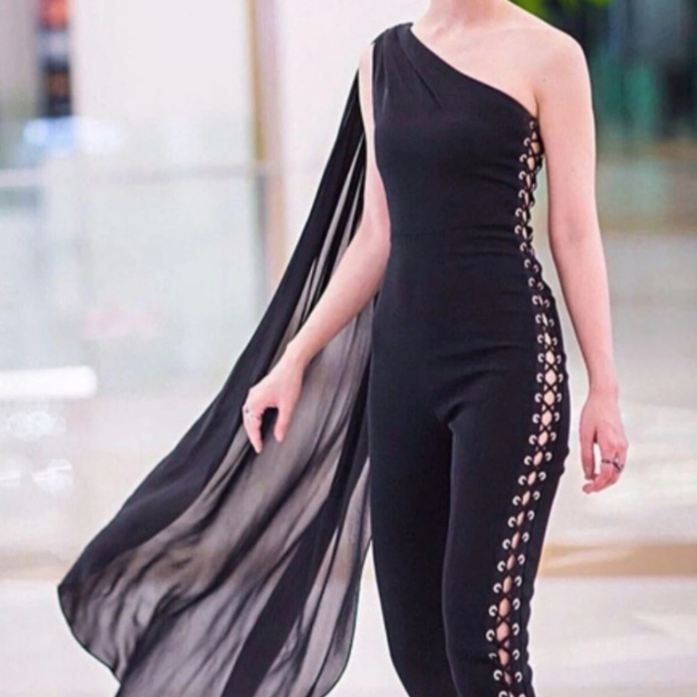 Black One-Shoulder Lace-Up Side Jumpsuit With Unique Cape